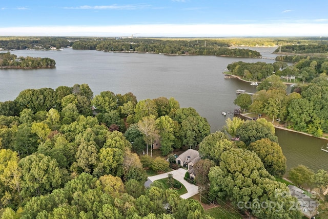 drone / aerial view featuring a water view and a view of trees