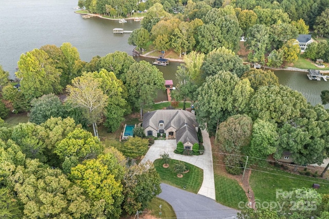 drone / aerial view with a water view