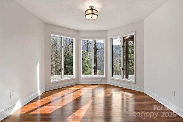 unfurnished dining area with baseboards and wood finished floors