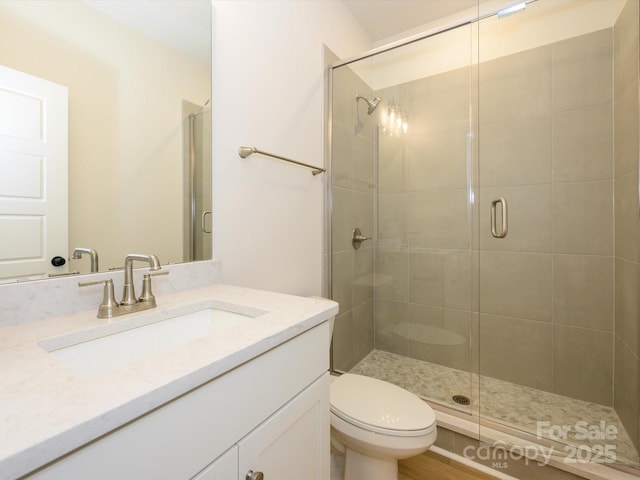 bathroom with a shower stall, vanity, and toilet