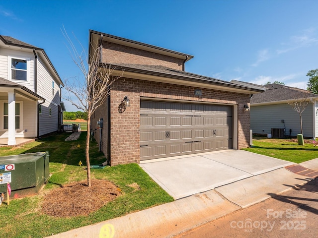 view of home's exterior with cooling unit, an attached garage, a lawn, and brick siding
