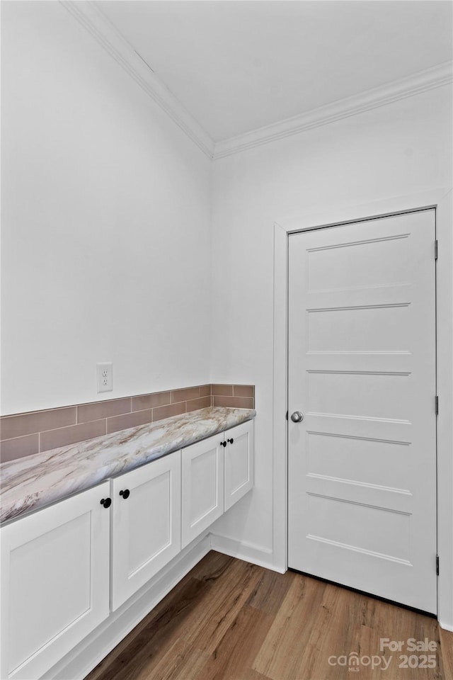 mudroom with ornamental molding and light hardwood / wood-style floors