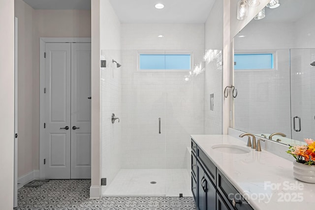 full bath featuring a closet, a shower stall, and vanity