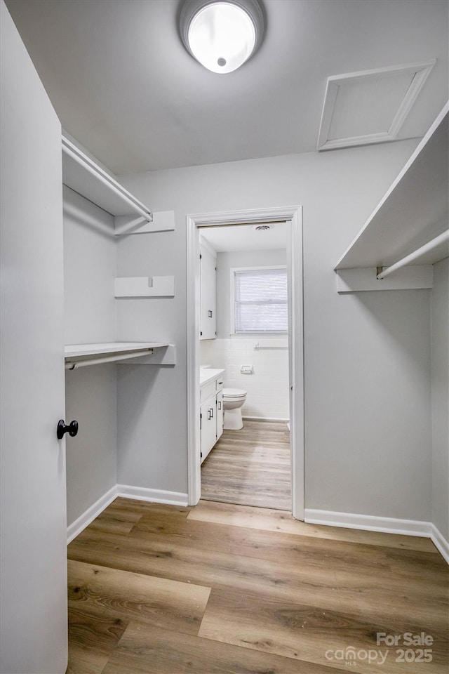 walk in closet with light wood-type flooring and attic access