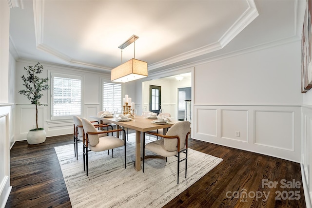 dining room featuring a tray ceiling, dark wood-type flooring, a decorative wall, and crown molding