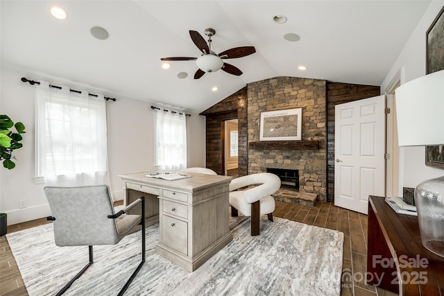 office with lofted ceiling, recessed lighting, a fireplace, a ceiling fan, and wood tiled floor