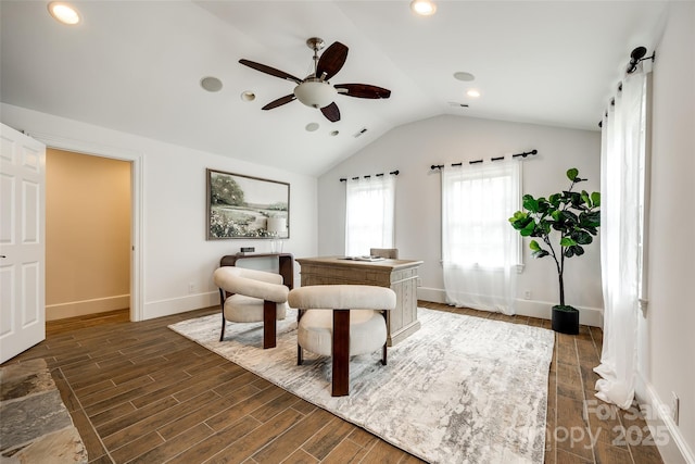 interior space featuring lofted ceiling, recessed lighting, dark wood-type flooring, a ceiling fan, and baseboards