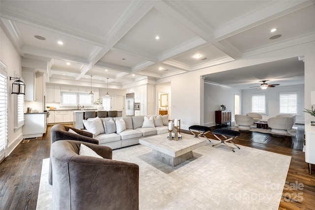 living room featuring dark wood-style floors, plenty of natural light, coffered ceiling, and beamed ceiling