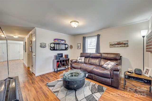 living area featuring ornamental molding, baseboards, and wood finished floors