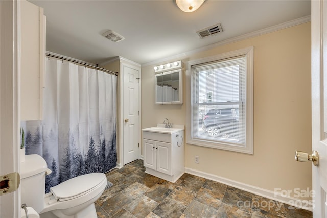 bathroom with visible vents, toilet, stone finish floor, vanity, and baseboards