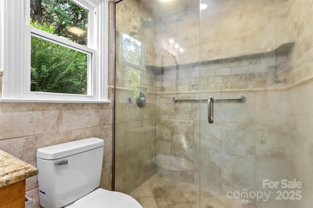 bathroom with a stall shower, vanity, and toilet