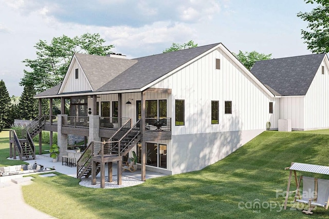 rear view of property with a lawn, stairway, roof with shingles, a patio area, and board and batten siding