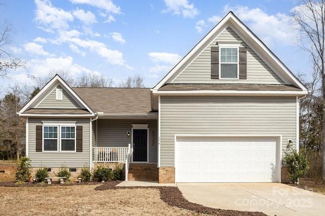 view of front of house with crawl space, covered porch, and concrete driveway