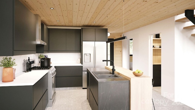 kitchen with stainless steel fridge with ice dispenser, ventilation hood, sink, wooden ceiling, and gas range oven