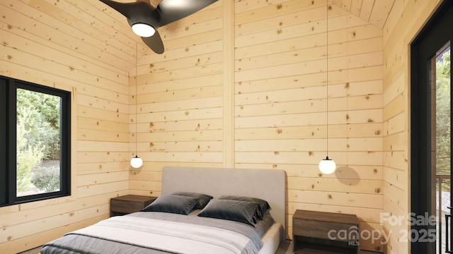 bedroom featuring vaulted ceiling, wood walls, and ceiling fan