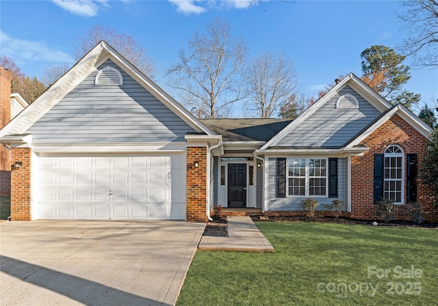 ranch-style house featuring concrete driveway, brick siding, a front lawn, and an attached garage