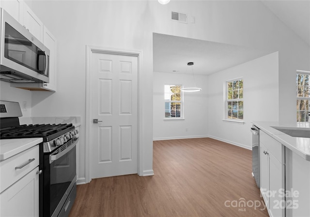 kitchen with appliances with stainless steel finishes, wood finished floors, and white cabinets