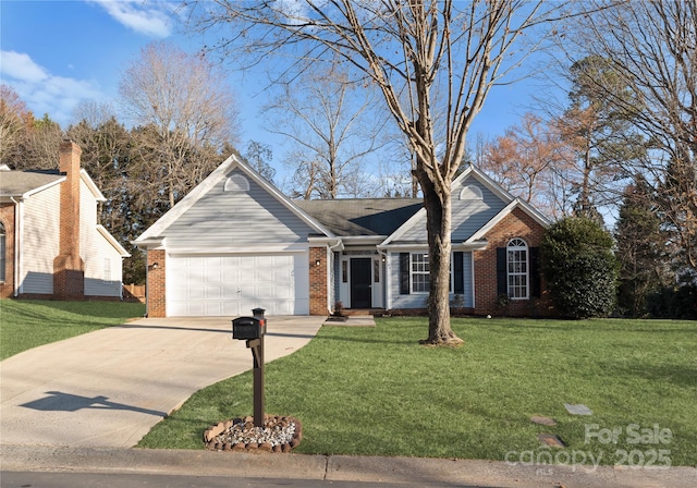 ranch-style home with a garage, driveway, brick siding, and a front lawn