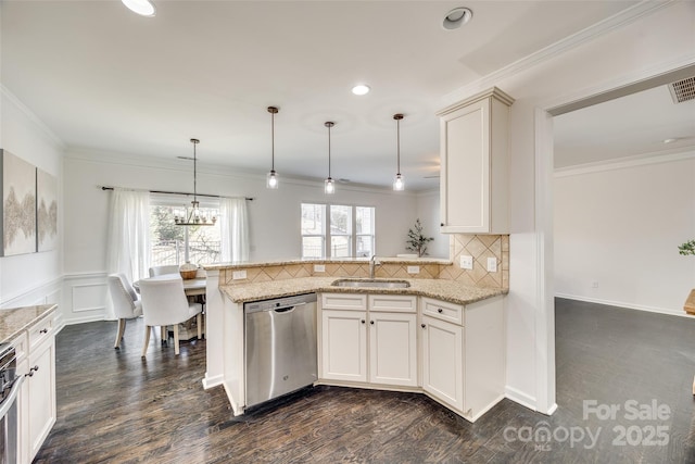 kitchen featuring pendant lighting, a sink, light stone countertops, dishwasher, and a peninsula