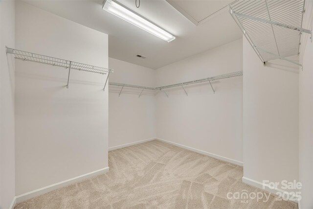 spacious closet featuring light colored carpet and visible vents