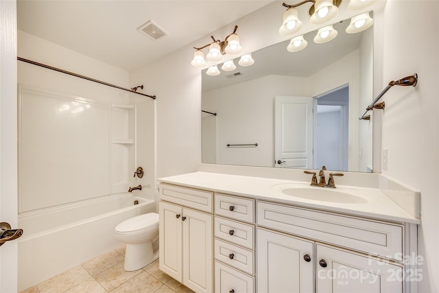 full bathroom featuring tile patterned flooring, bathtub / shower combination, visible vents, and vanity