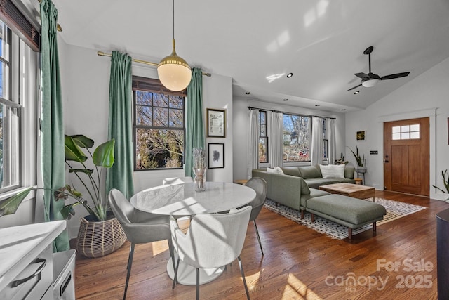 dining room featuring vaulted ceiling, ceiling fan, and wood-type flooring