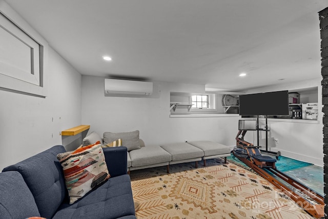 living room featuring a wall mounted AC and recessed lighting