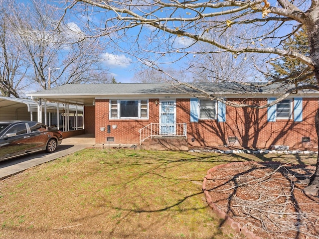 single story home with brick siding, a shingled roof, crawl space, driveway, and a front lawn