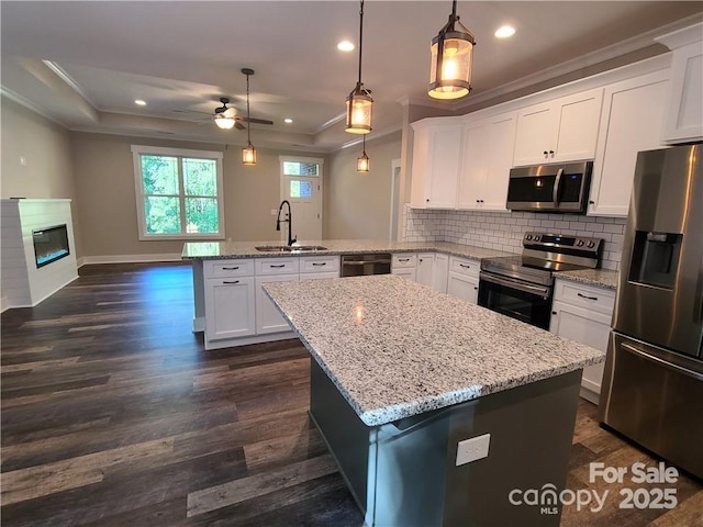 kitchen with white cabinetry, stainless steel appliances, a center island, sink, and a tray ceiling