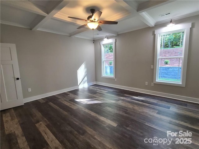 spare room featuring beam ceiling, ceiling fan, dark hardwood / wood-style floors, and coffered ceiling