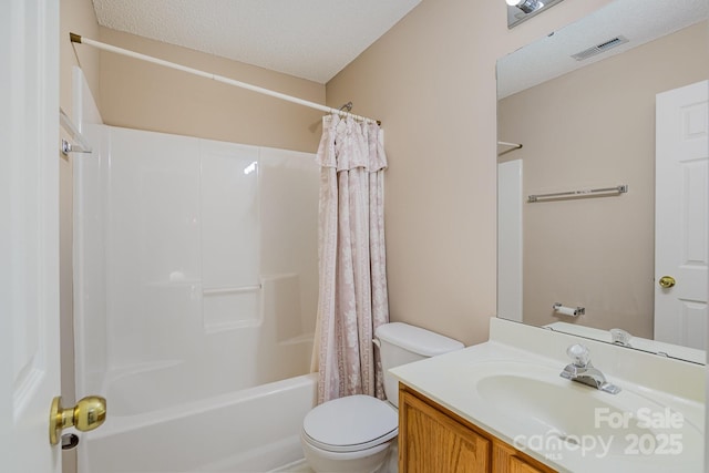 bathroom with a textured ceiling, toilet, vanity, visible vents, and shower / bath combination with curtain