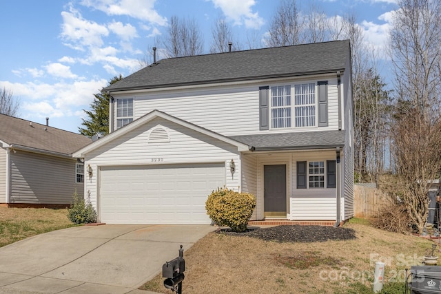 traditional-style house featuring driveway, an attached garage, fence, and roof with shingles