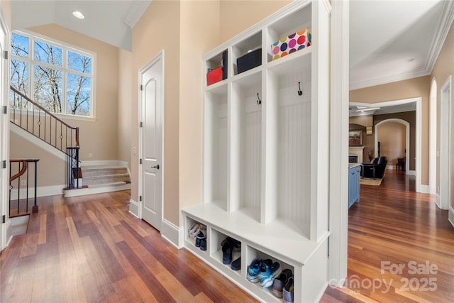 mudroom featuring dark wood-type flooring, lofted ceiling, ornamental molding, and baseboards