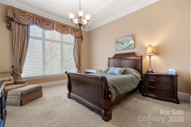 bedroom featuring crown molding, an inviting chandelier, baseboards, and light colored carpet