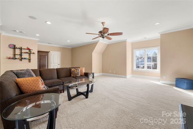 living room featuring baseboards, a ceiling fan, light colored carpet, crown molding, and recessed lighting