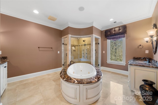 bathroom featuring visible vents, baseboards, ornamental molding, a jetted tub, and a stall shower