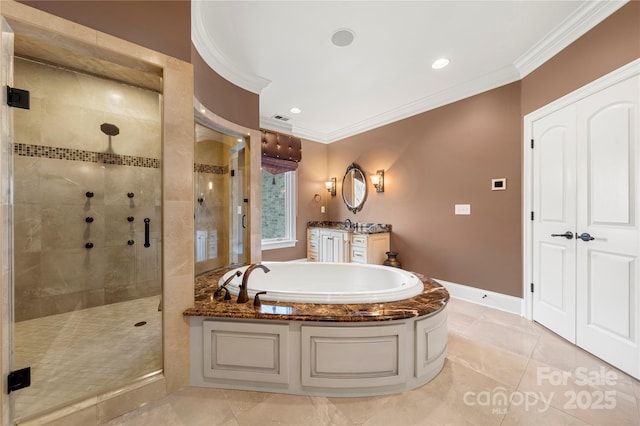 full bathroom with ornamental molding, a stall shower, vanity, and a bath