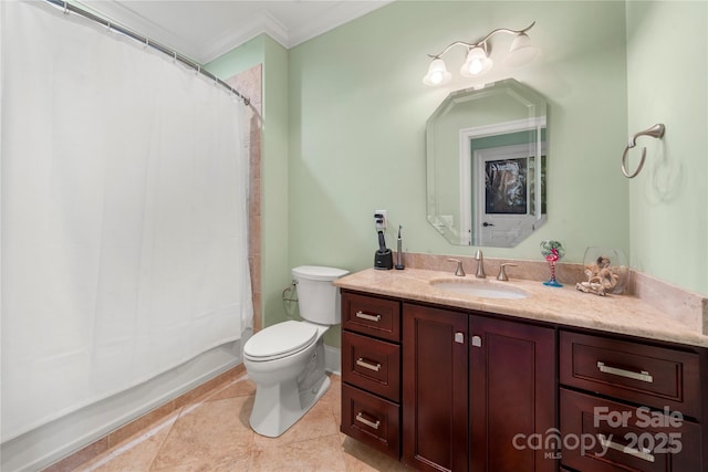 bathroom featuring toilet, tile patterned flooring, crown molding, and vanity