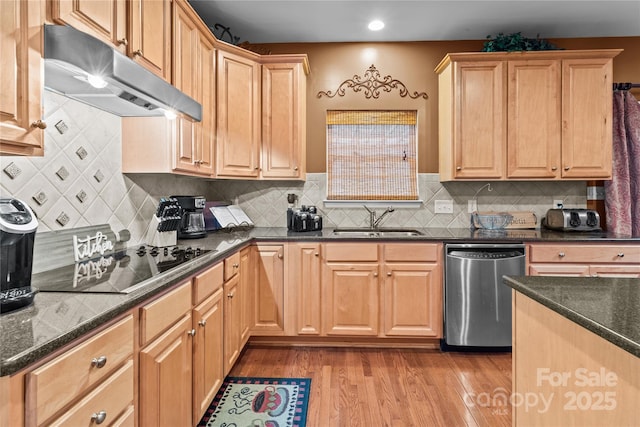 kitchen featuring light wood-style flooring, a sink, dishwasher, under cabinet range hood, and black electric cooktop