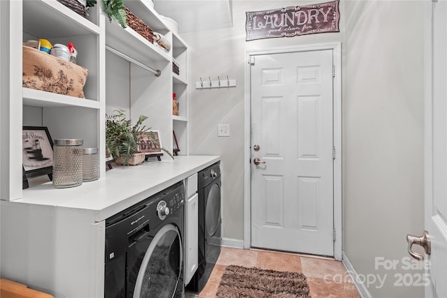 laundry area featuring laundry area, baseboards, and washer and dryer