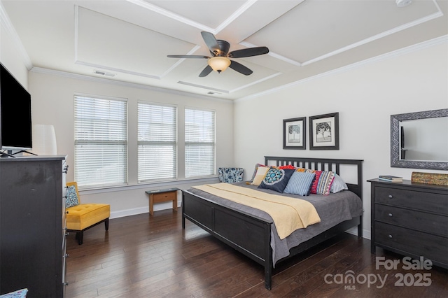 bedroom with crown molding, visible vents, dark wood-type flooring, coffered ceiling, and baseboards