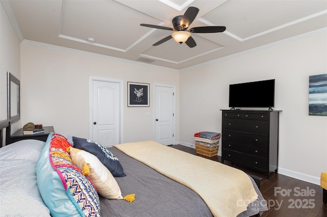 bedroom featuring crown molding, dark wood-style flooring, visible vents, and baseboards