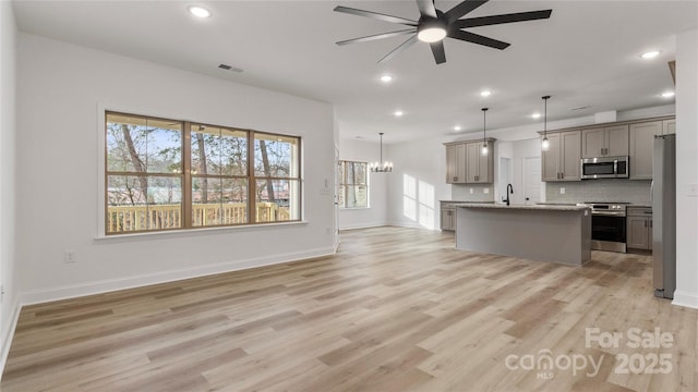 kitchen featuring appliances with stainless steel finishes, pendant lighting, gray cabinetry, and a kitchen island with sink