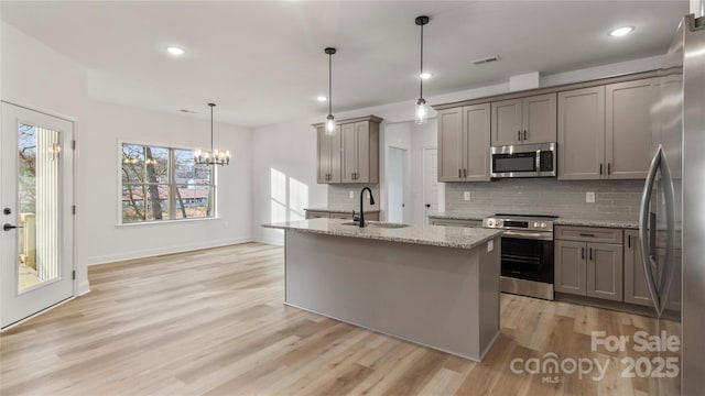 kitchen featuring light stone counters, a sink, a kitchen island with sink, decorative light fixtures, and appliances with stainless steel finishes