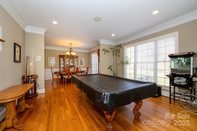 recreation room featuring recessed lighting, pool table, crown molding, and wood finished floors