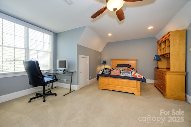 bedroom with visible vents, baseboards, light colored carpet, vaulted ceiling, and recessed lighting