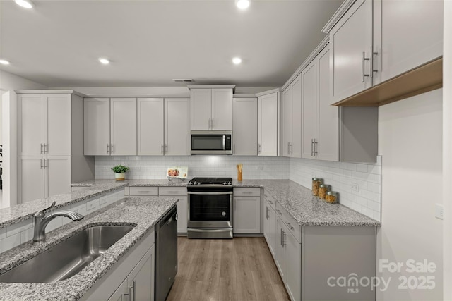 kitchen featuring light stone counters, stainless steel appliances, a sink, white cabinets, and backsplash