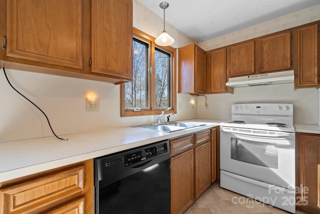 kitchen with pendant lighting, white electric range oven, light countertops, dishwasher, and under cabinet range hood