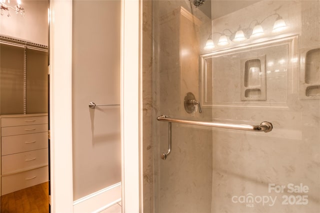 bathroom with wood finished floors and a shower stall