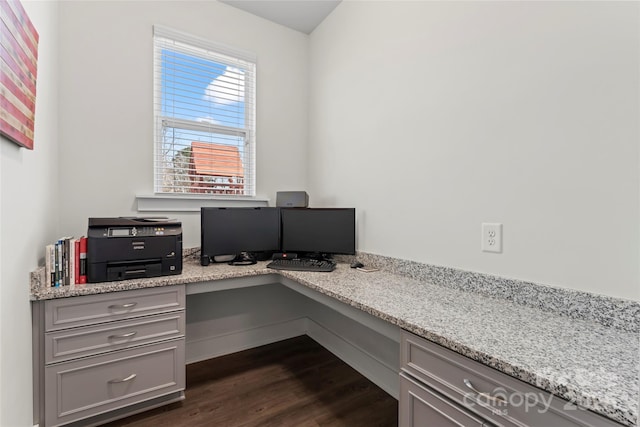 home office featuring dark wood-type flooring and built in study area